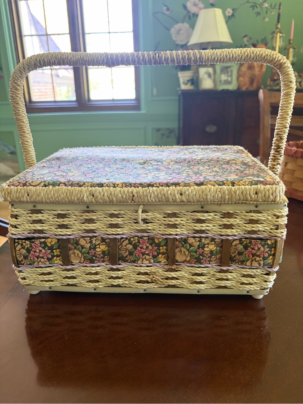 Vintage 60s 70s floral sewing basket box wicker handle